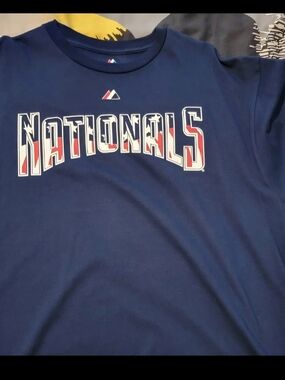 Majestic Nationals Strasburg Black Tee with Red, White & Blue Logo